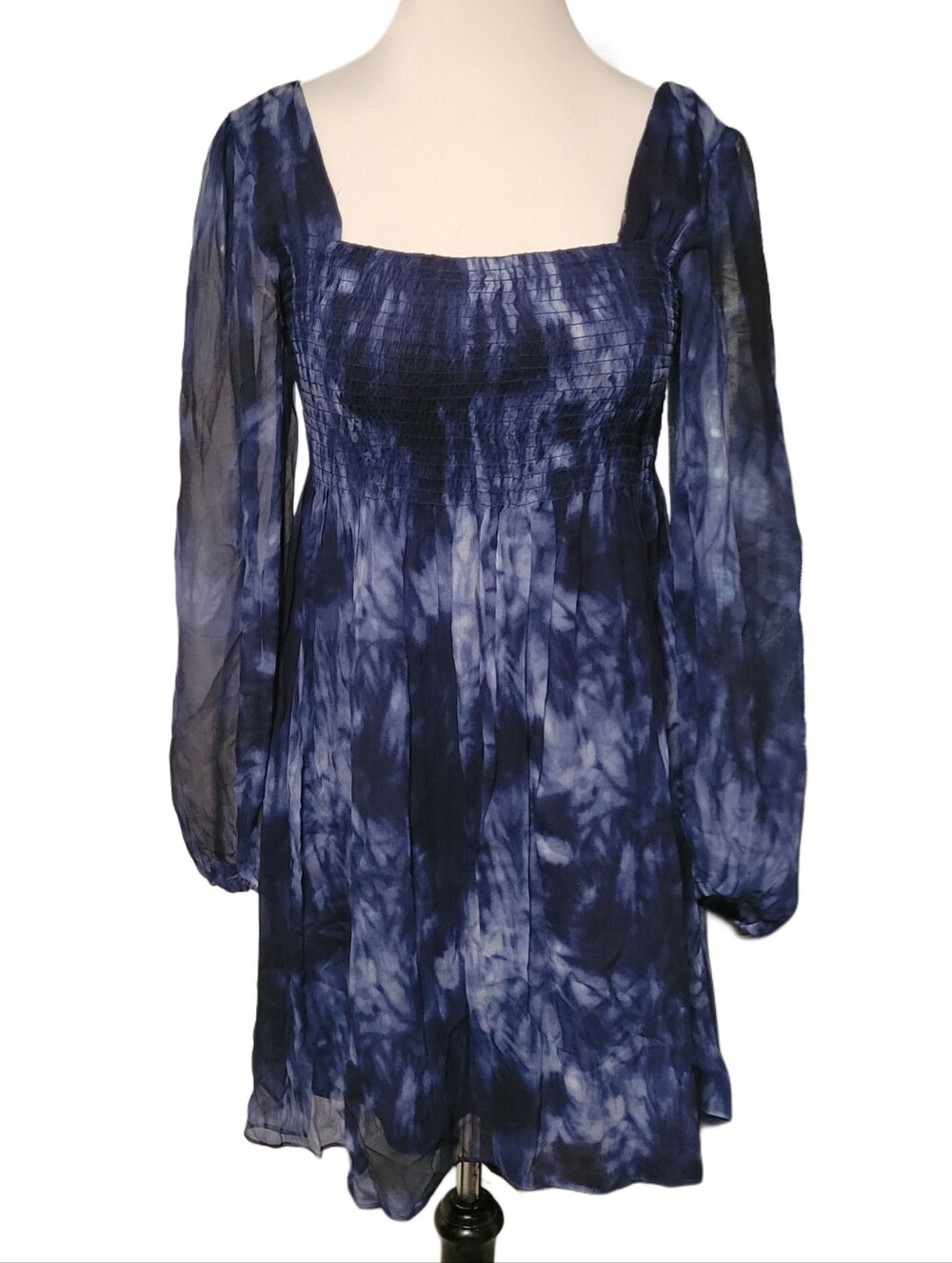 Blue Tie-Dye Long Sleeve Square Neck Dress
